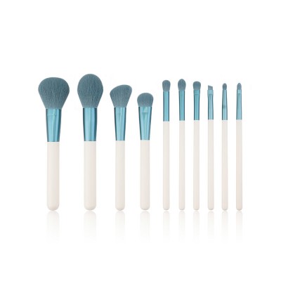 10PCS Soft Hair Blue Aluminium Ferrule Wooden Handle Makeup Brushes